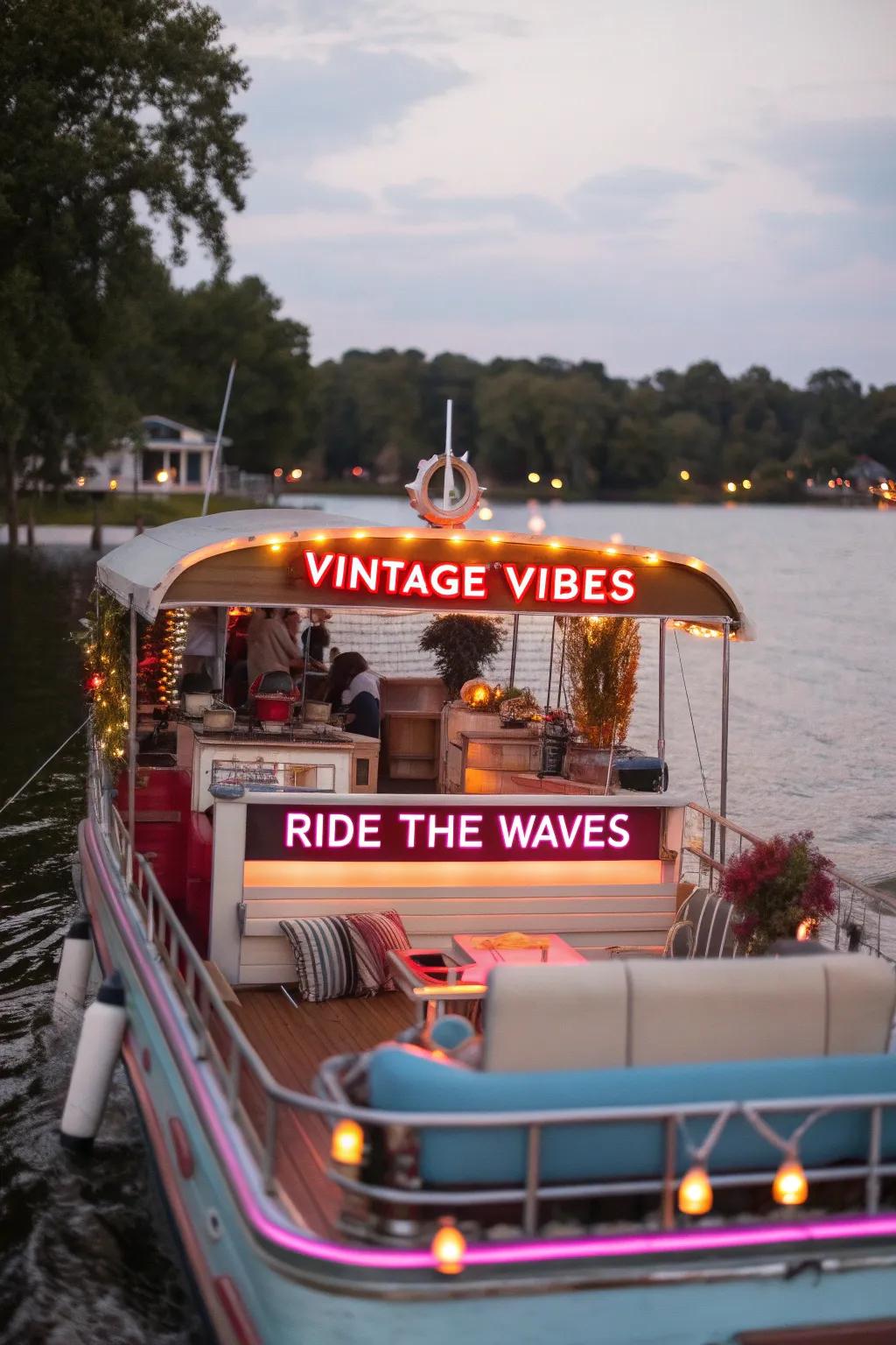 A retro-themed pontoon boat glowing with neon lights and vintage appeal.