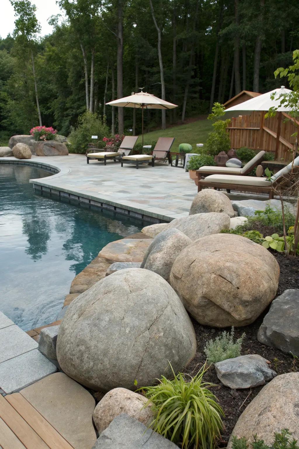 Rocks bring a striking and natural element to pool surroundings.