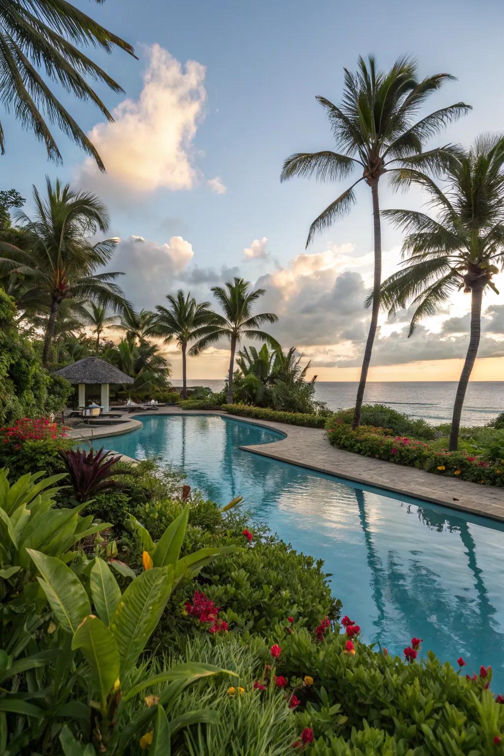 Abundant greenery crafts a peaceful and private poolside paradise.
