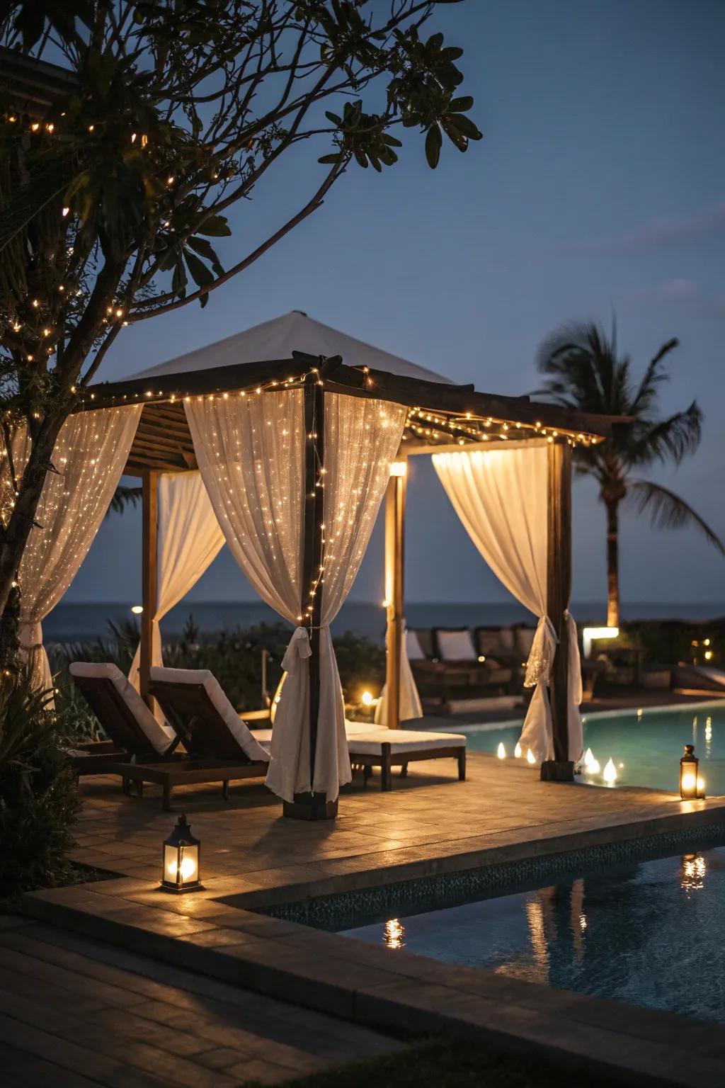 A poolside lounge with twinkling lights creating a magical evening retreat.