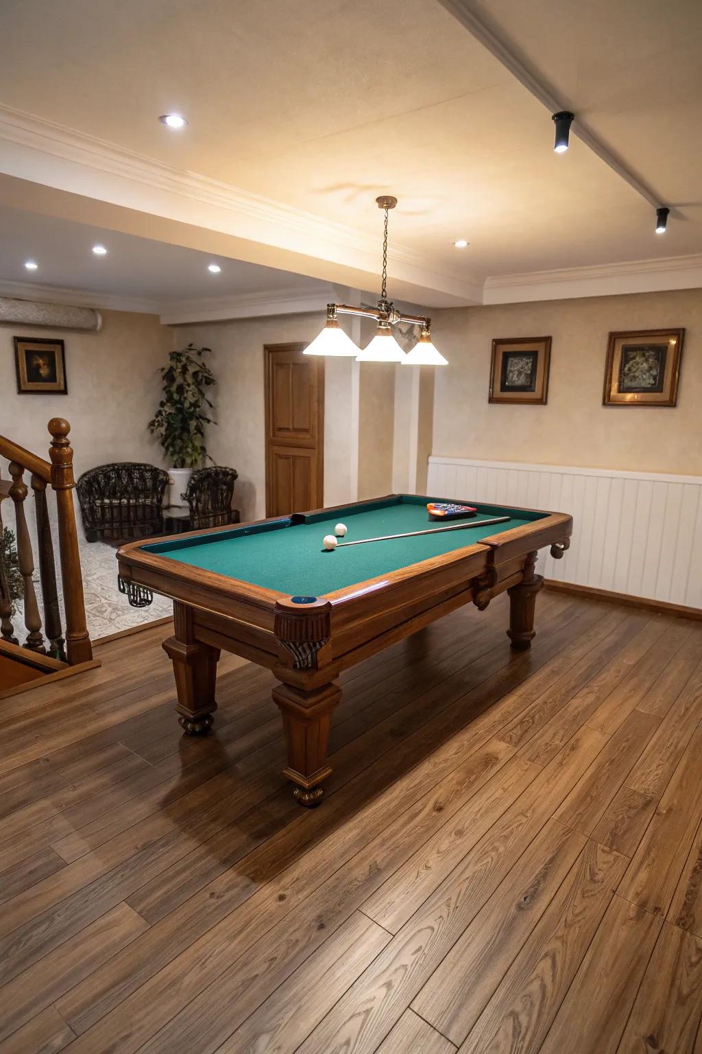 Wood flooring complements the elegance of a small pool room.