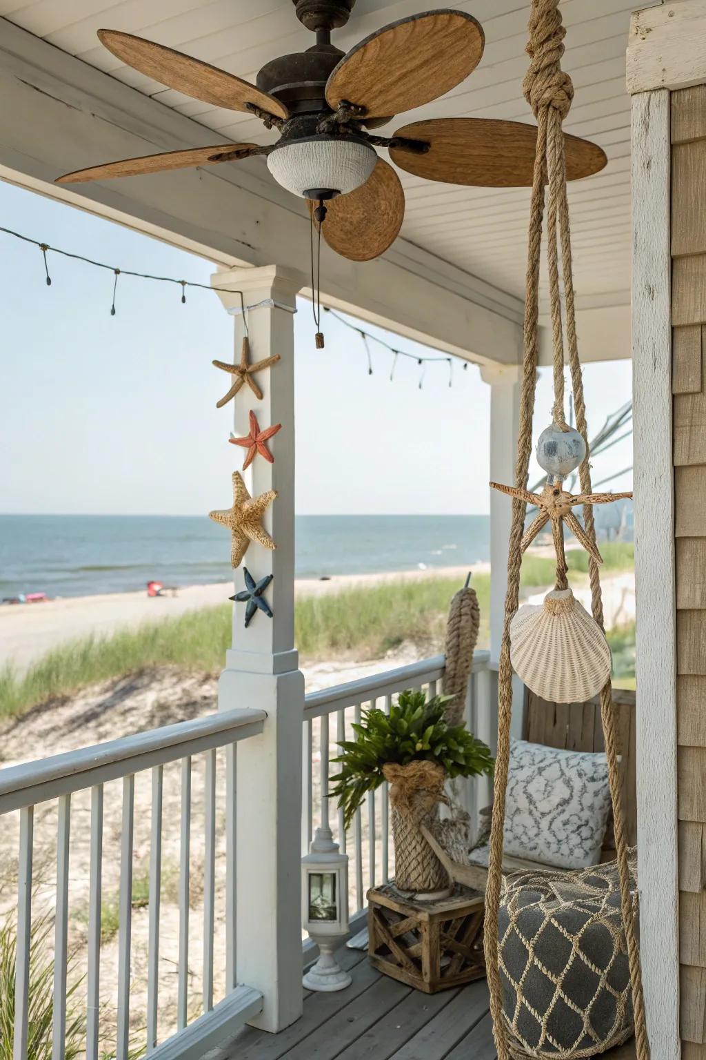 A marine-inspired air circulator introduces seaside charm to this beach-inspired porch.