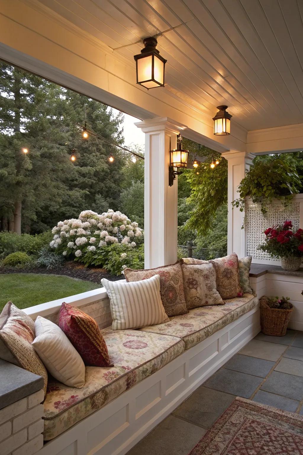Integrated seating on a porch knee wall for ultimate relaxation.