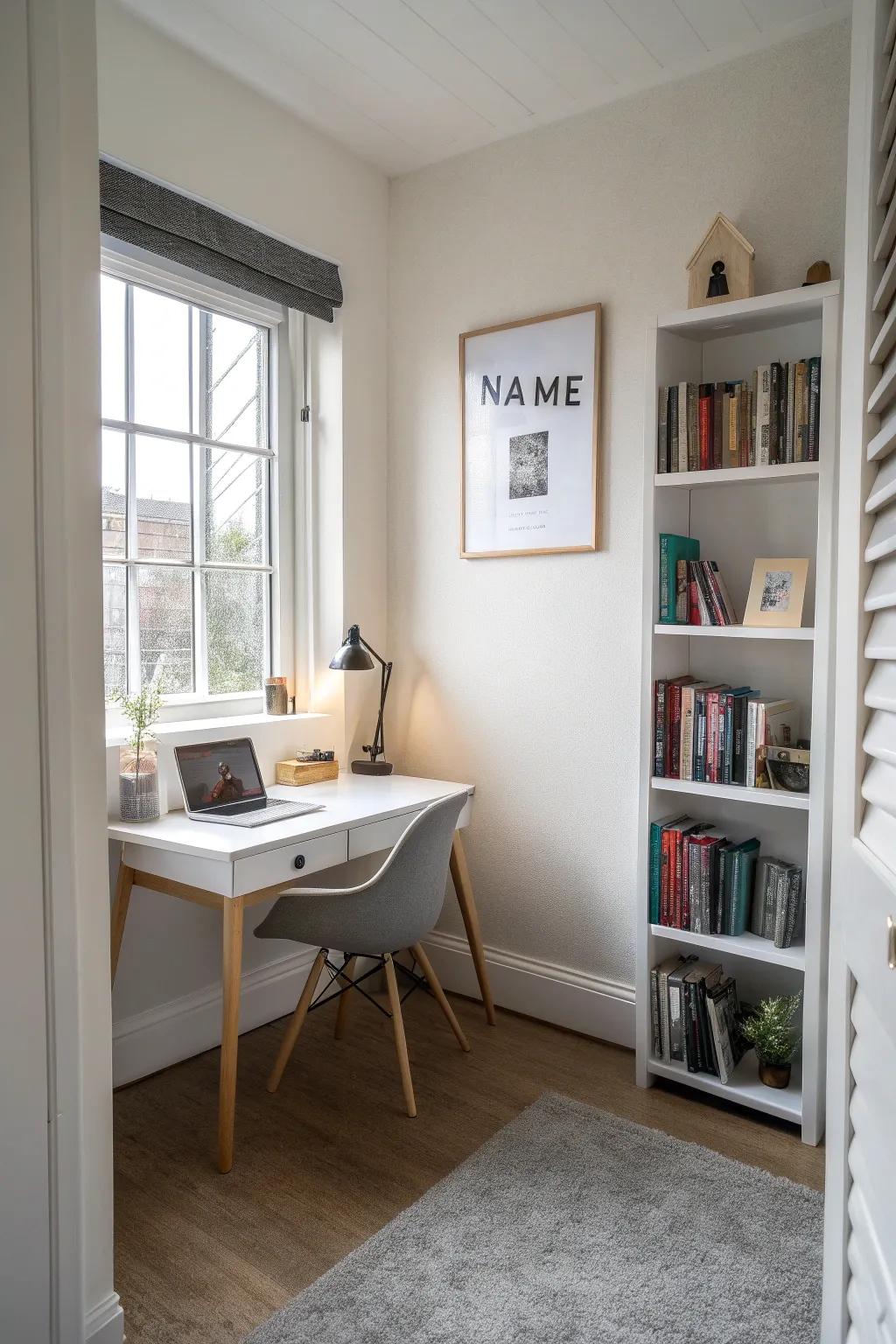 A minimalist name display bringing refinement to a compact home office.