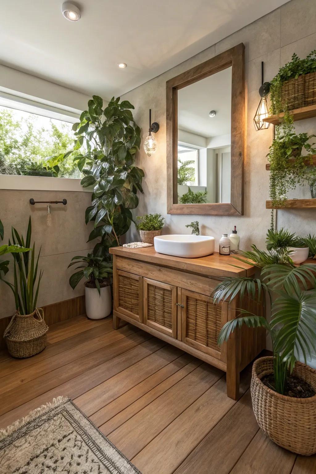 A powder room featuring organic accents like wood and greenery.