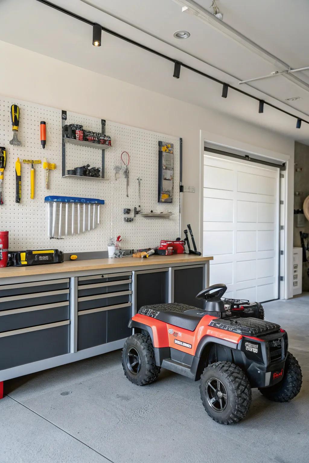 Motorized toys stored under a workbench for efficient use of space.