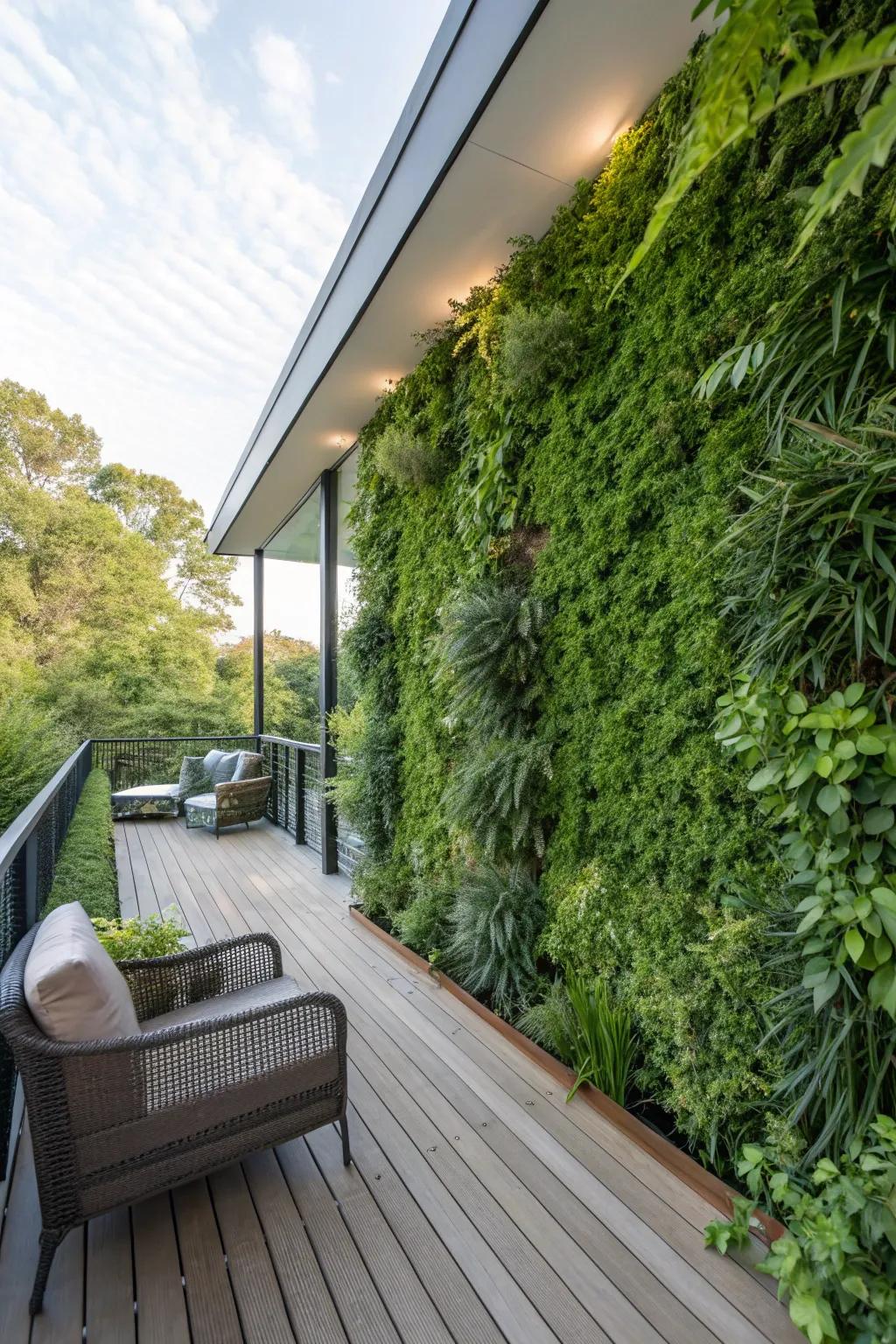 An abundant vertical orchard facade contributes seclusion and greenery to a deck.