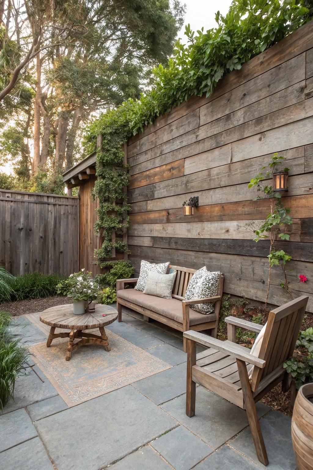 Salvaged wood walls deliver rustic allure and sustainable privacy.