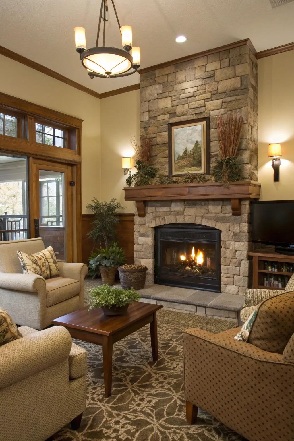 An inviting living room with a comfortable gathering area around a propane fireplace.