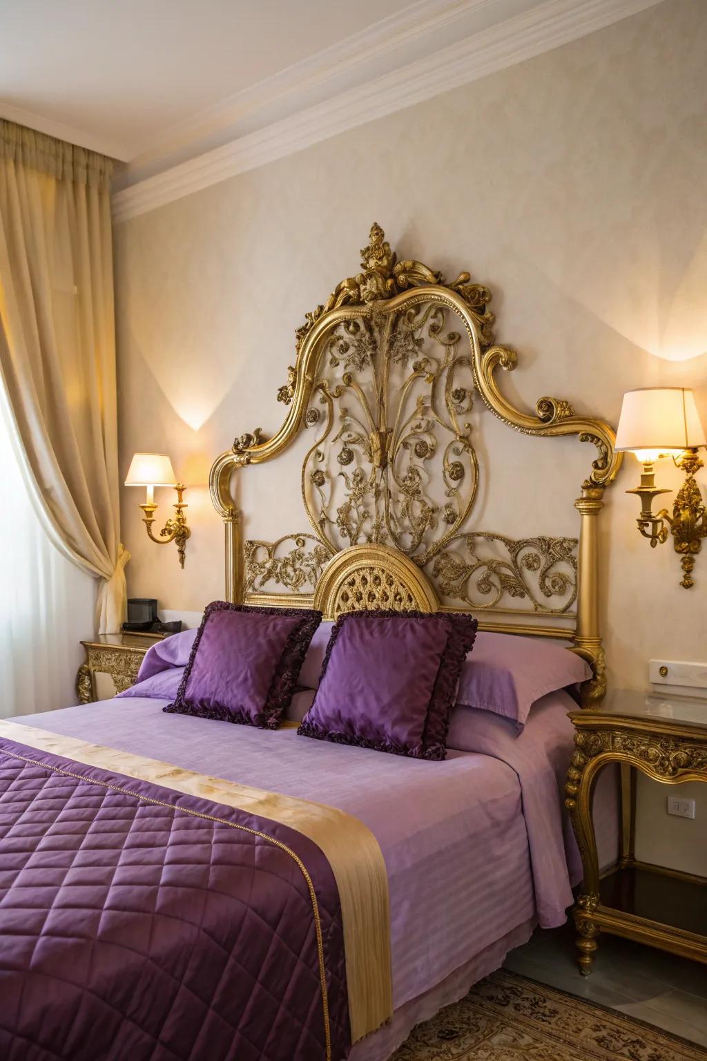 An ornate gold headboard introduces drama and elegance to your bedroom.
