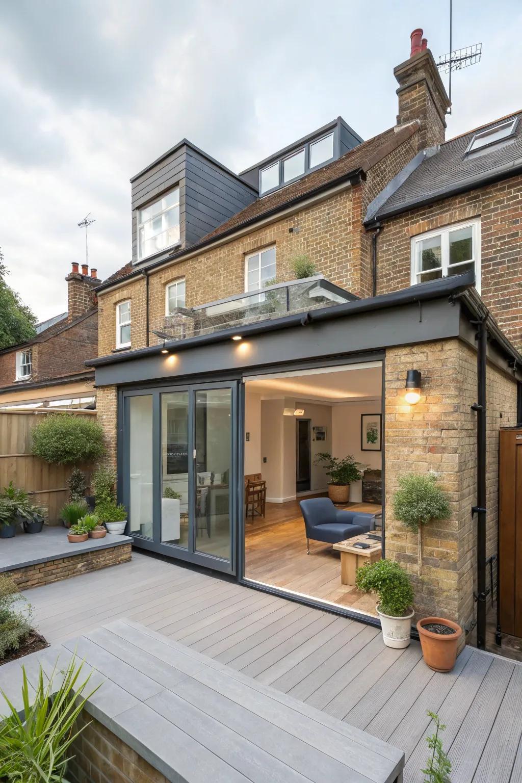 A rear extension featuring a flat roof and a stylish roof terrace.