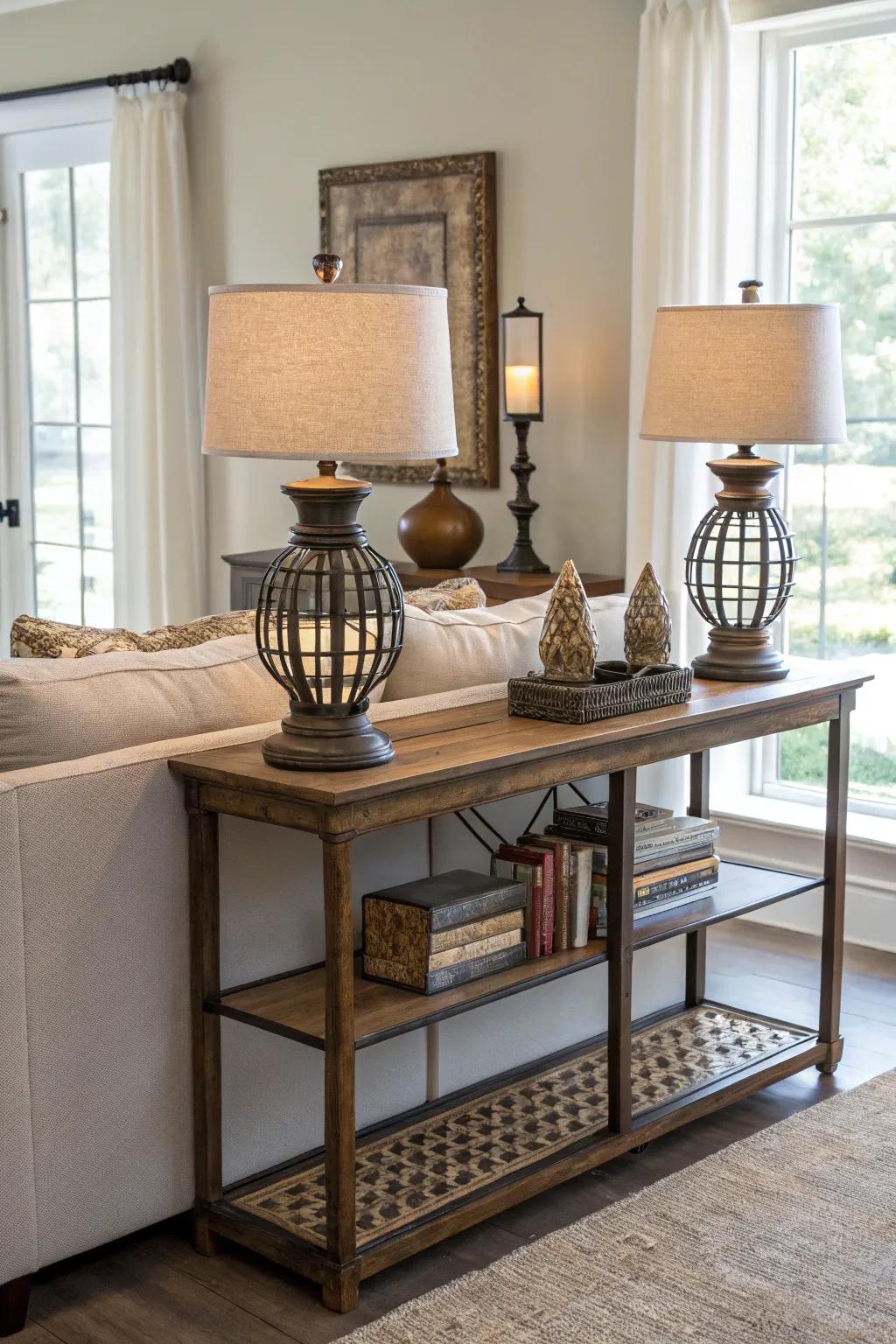 Surface tables introduce practicality and style behind couches.