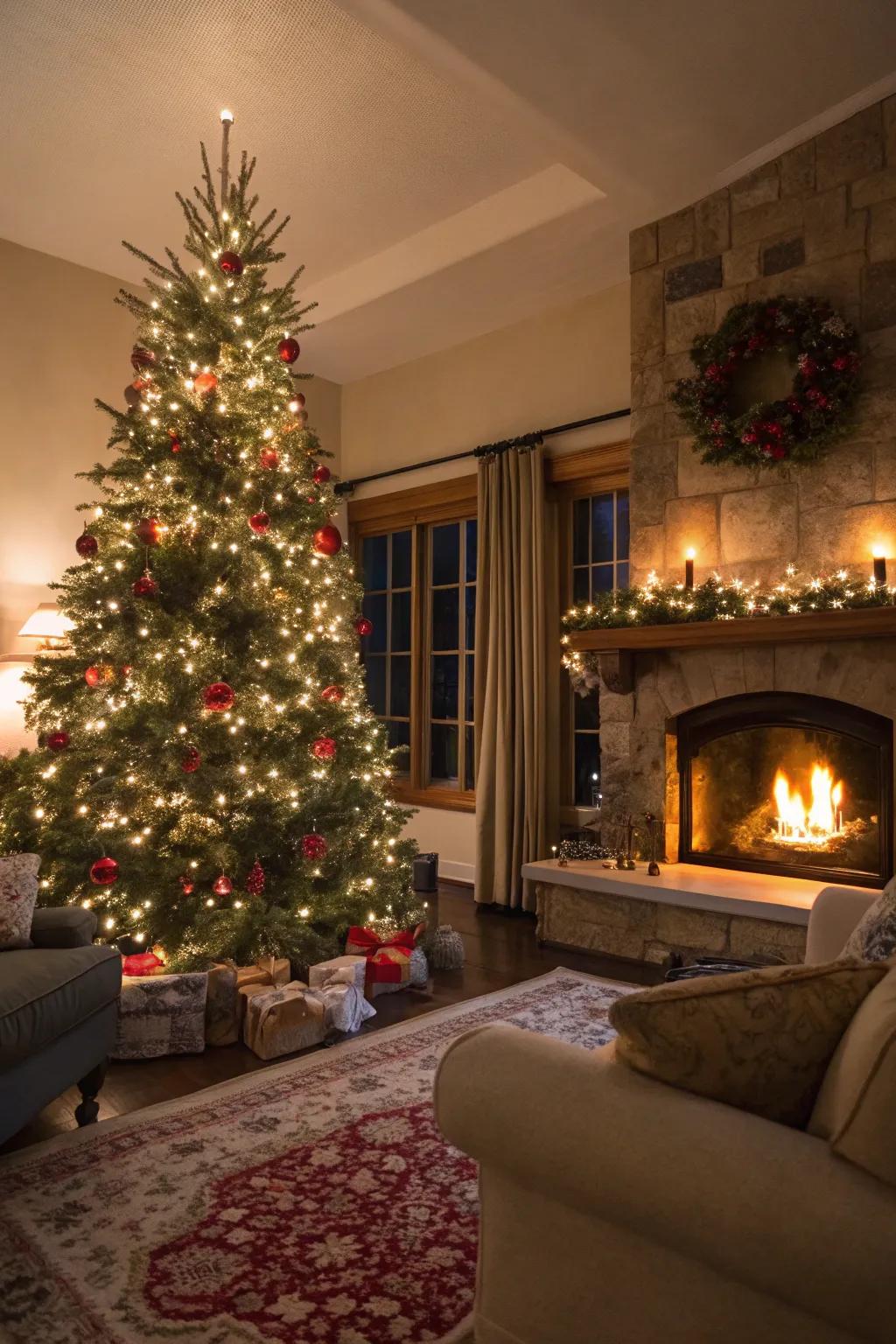 A Christmas tree nestled in cozy surroundings.