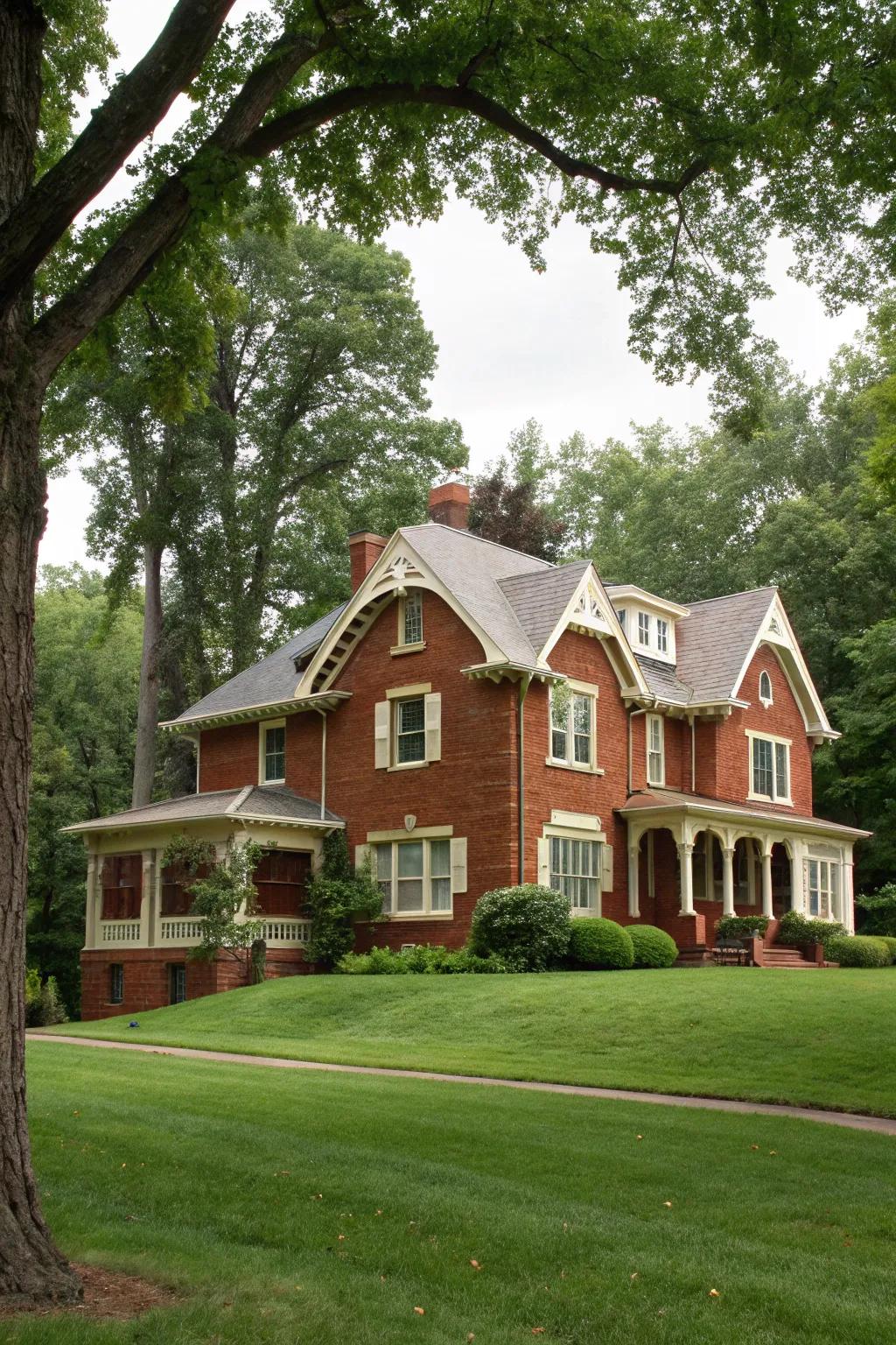 Creamy trim softens the boldness of red brick, crafting a cozy exterior.