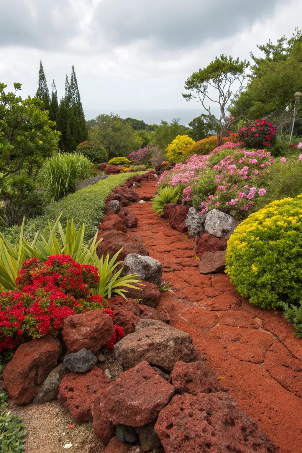 The contrast in shades between scarlet volcanic stones and lively flora is awe-inspiring.