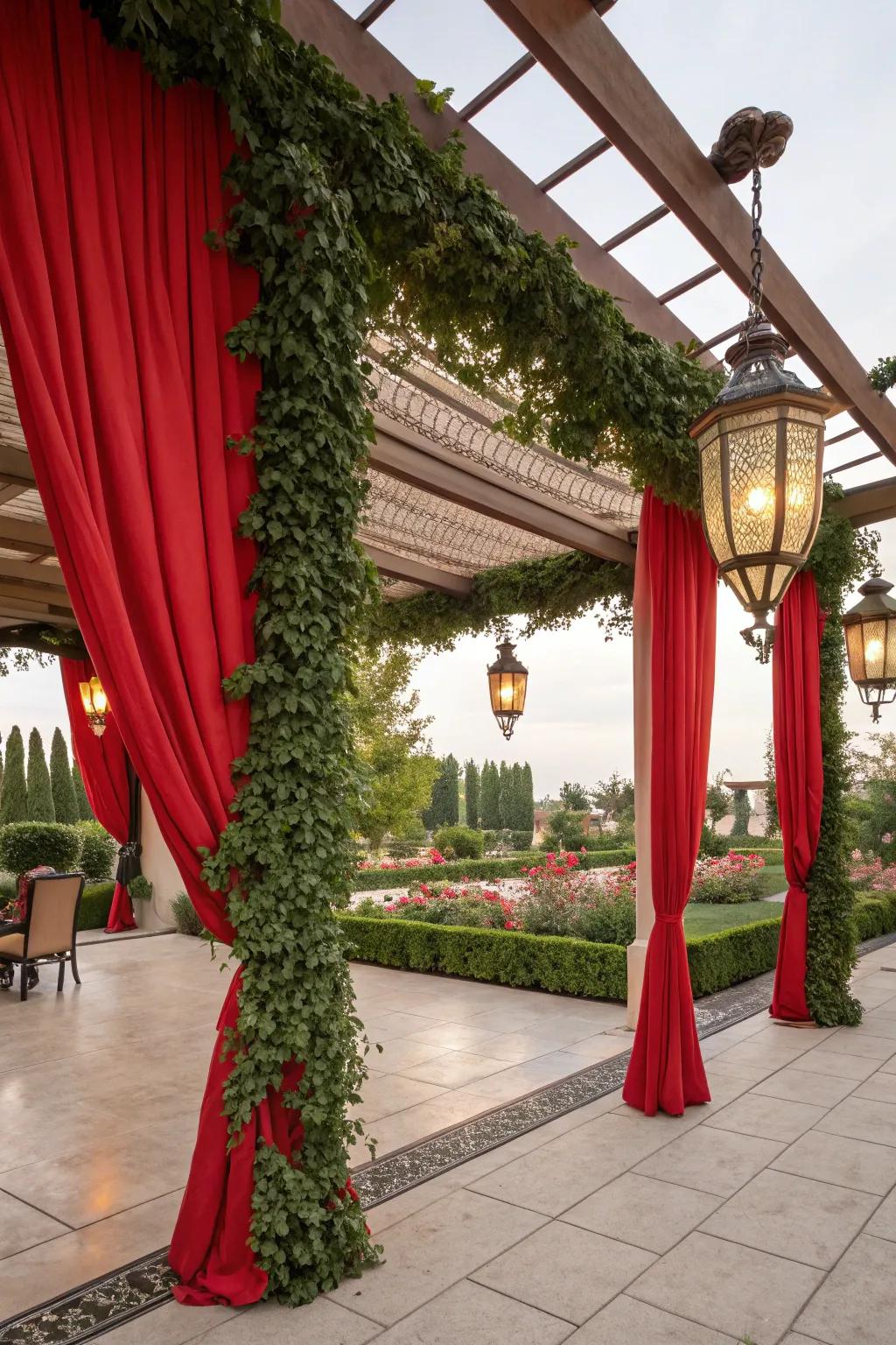 Scarlet drapes and lanterns amplify the pergola's charm.
