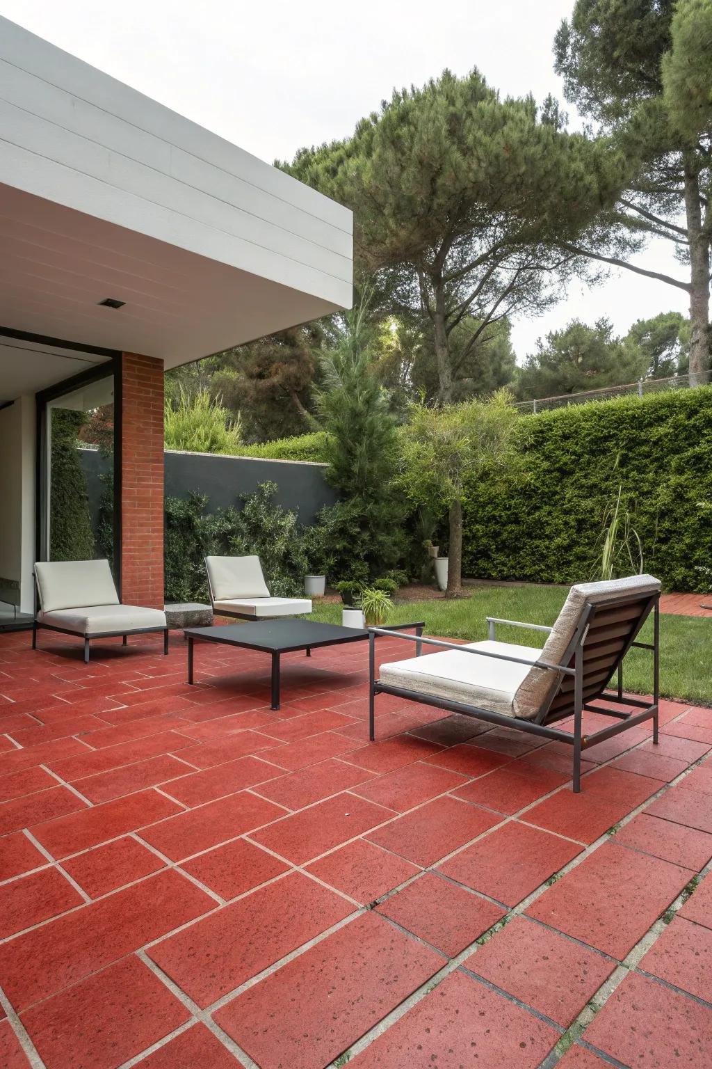 Minimalist design encounters the dynamic allure of scarlet pavers.