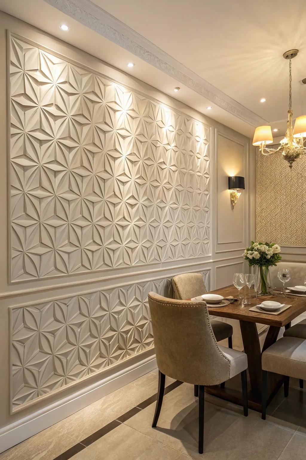 3D relief tiles enrich this dining space with dimension and intrigue.