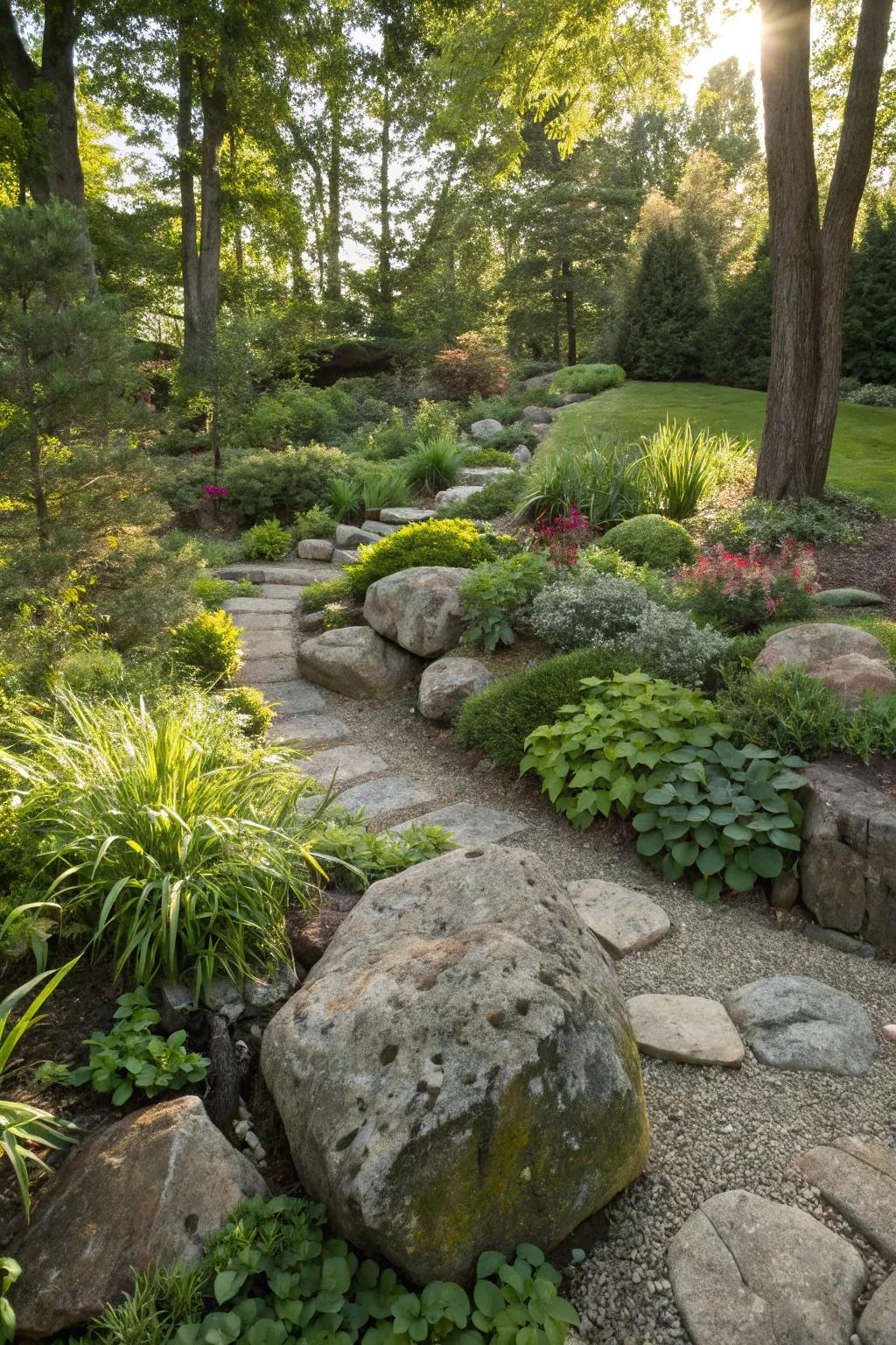 Natural stone arrangements evoke a wild, organic atmosphere.