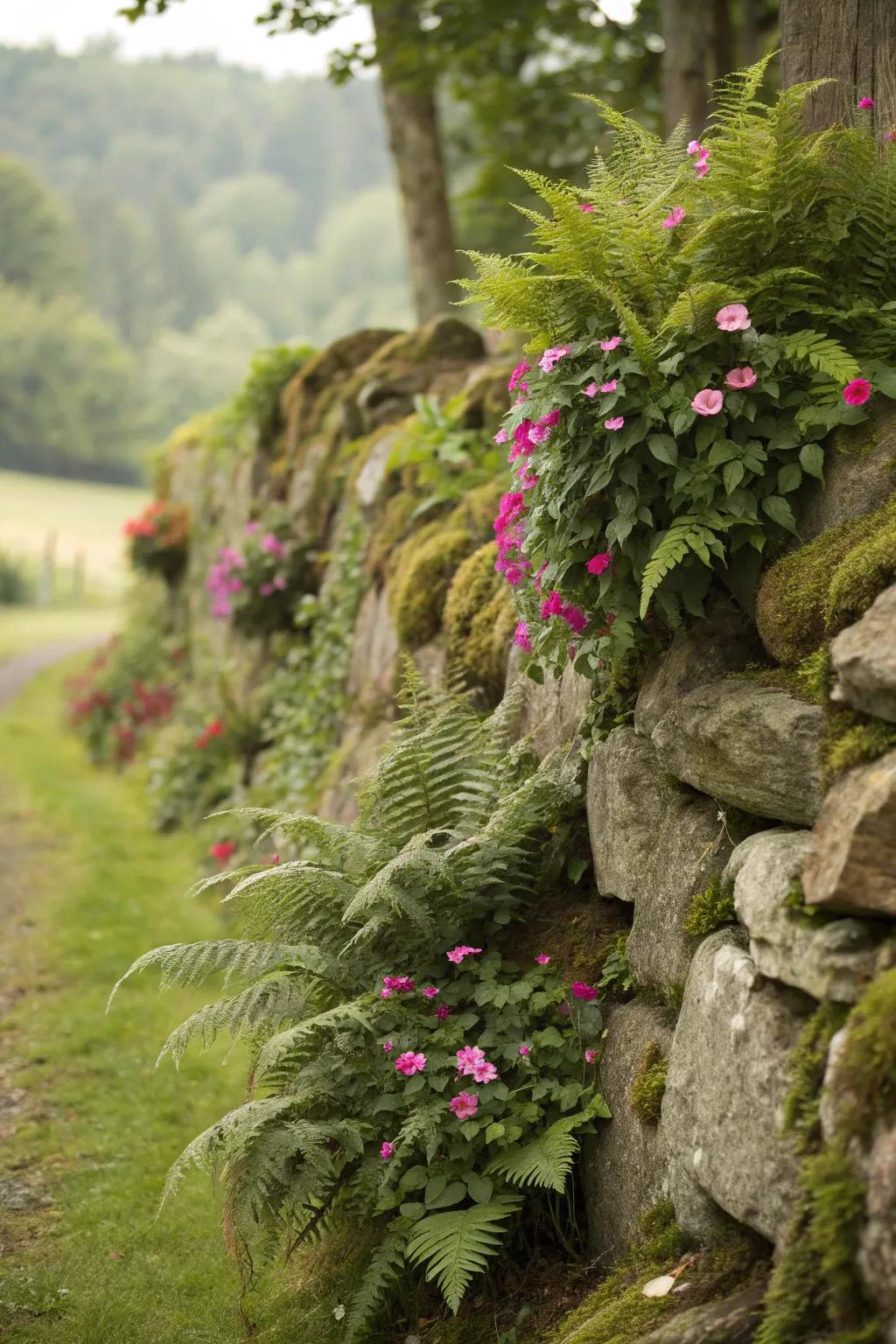 Stone walls merged with plant life fashion a consistent organic style.