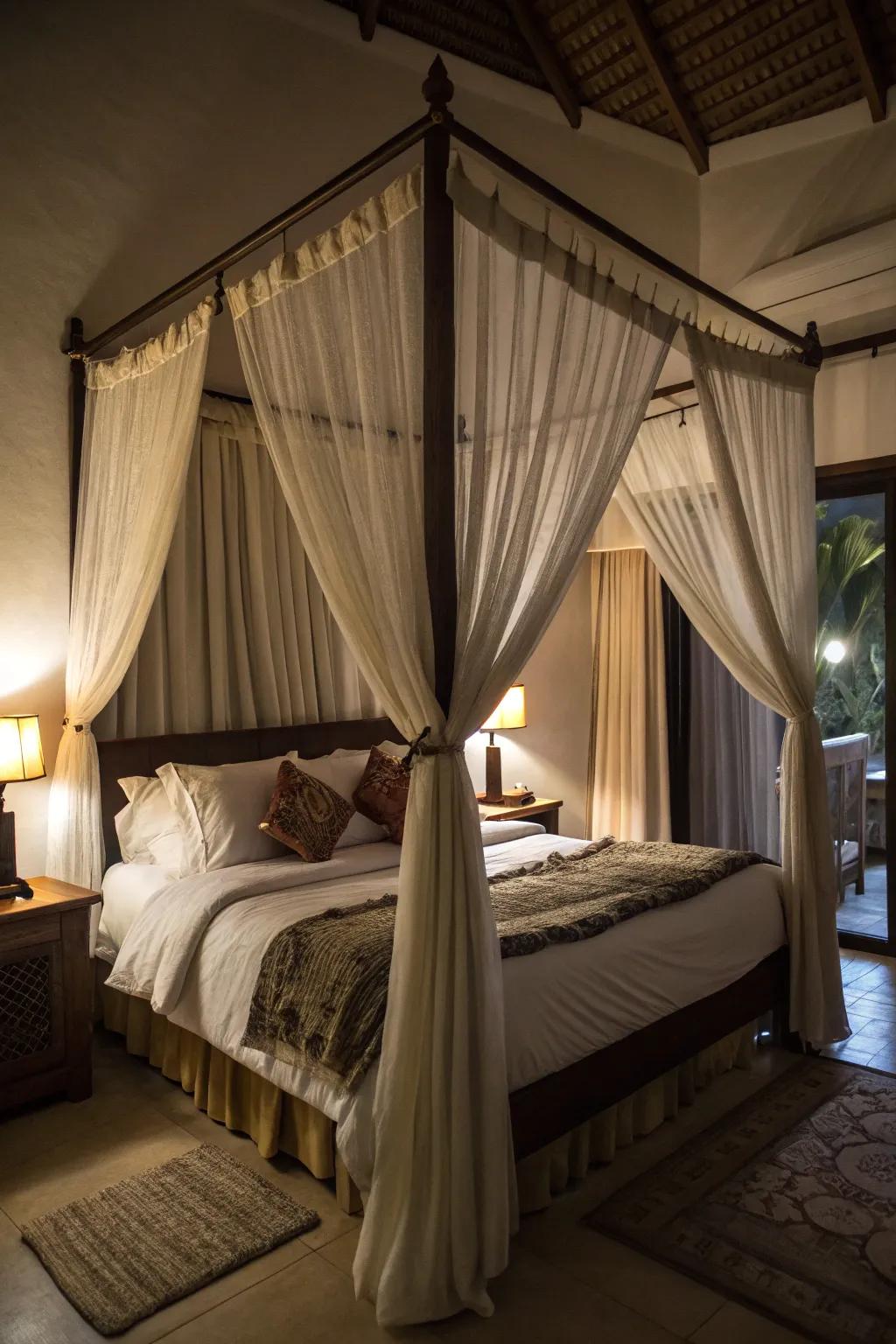 Privacy and romance are enhanced by a canopy bed.
