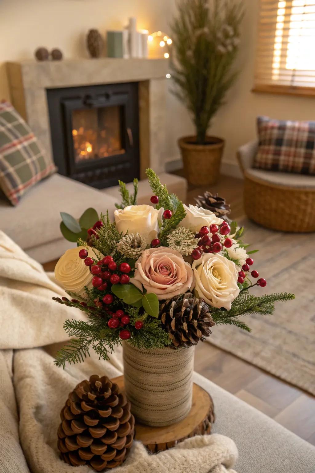 Seasonal splendor combining roses with natural elements.