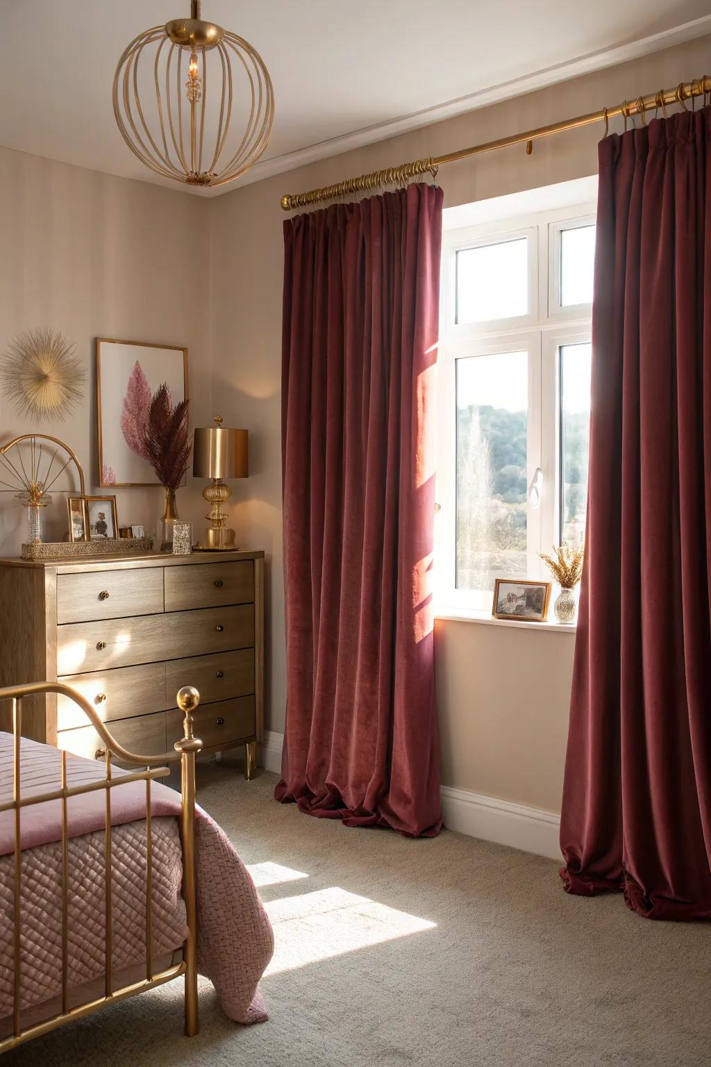 Burgundy drapes frame the windows beautifully, adding warmth to the room.