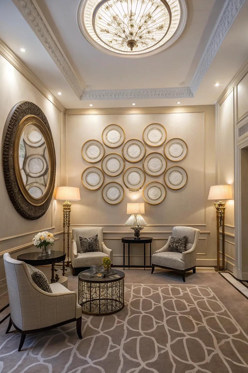 Refined room featuring symmetrical round wall decorations to create a well balanced impression.