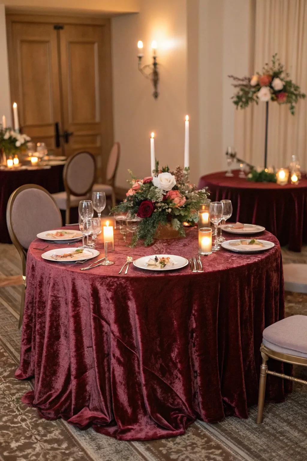 Sophisticated velvety table covering for a winter nuptial.