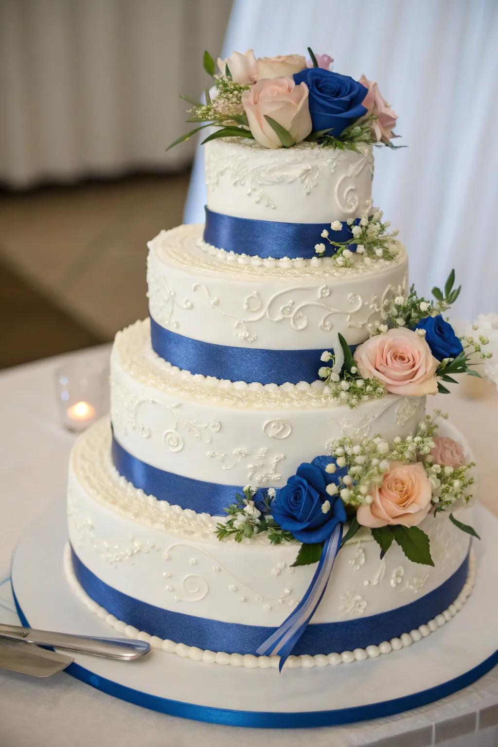 A wedding cake embellished with majestic blue accents.
