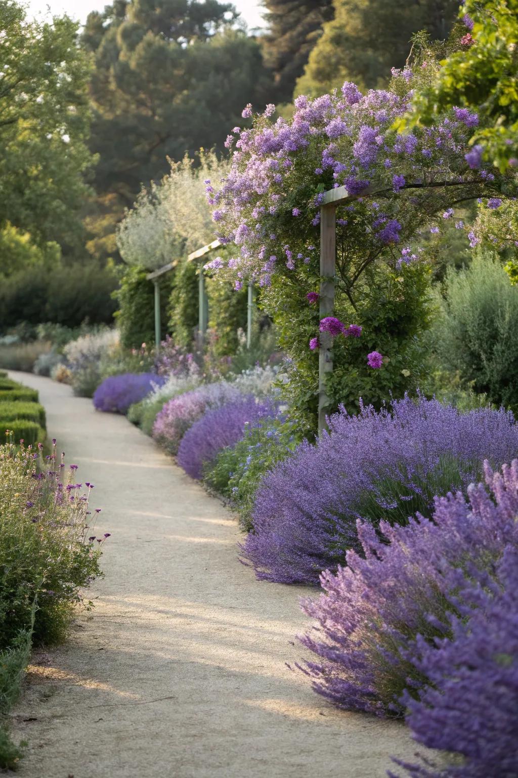 A fragrant garden road featuring aromatic azure blooms and lavender.