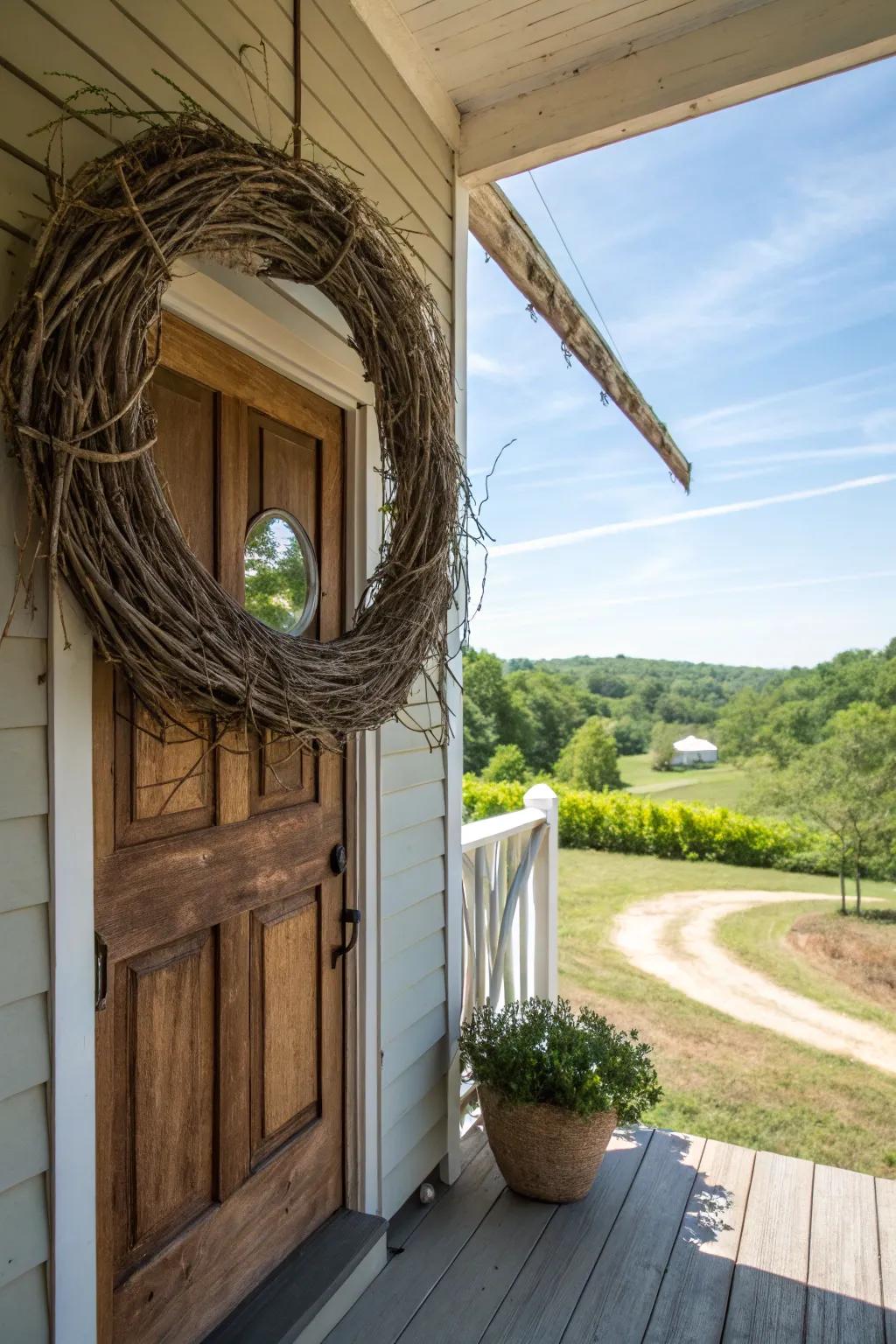 A wild and rustic wreath made from natural twigs.