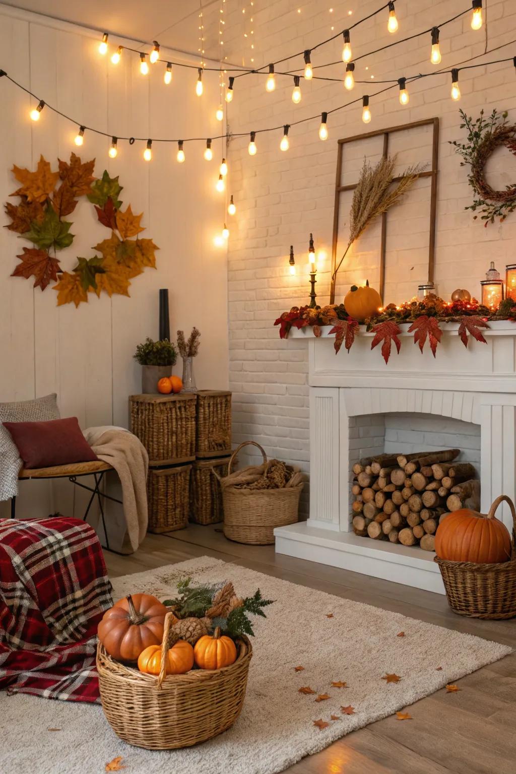 Warm line lights create a comfortable mood.