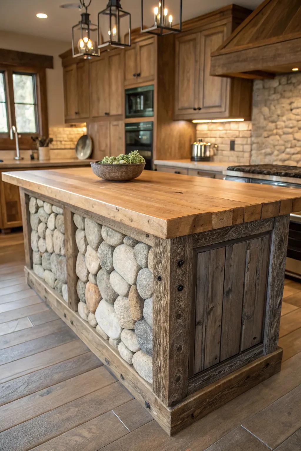 A countryside kitchen island showcasing textured timber and stone exteriors.