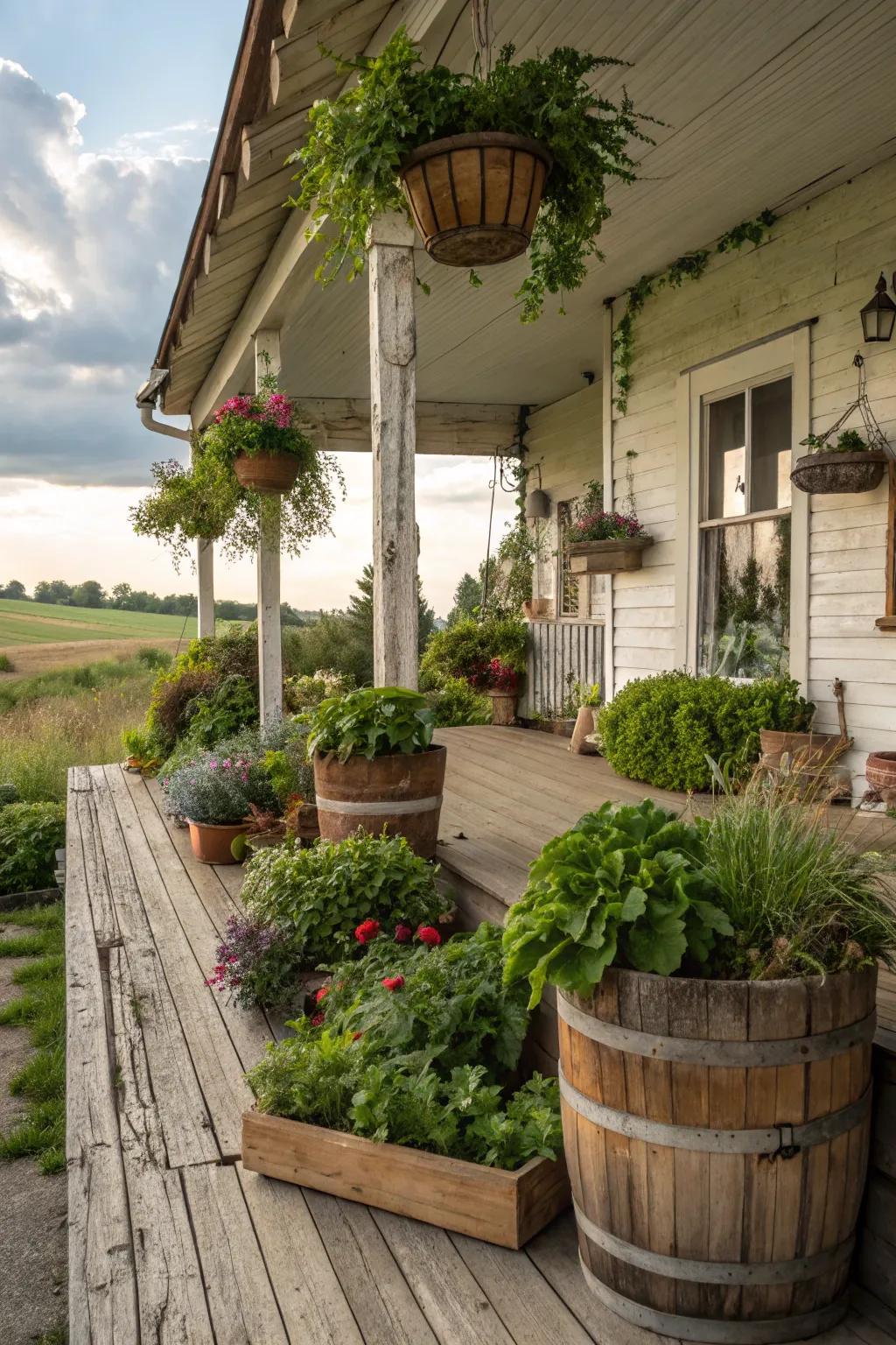 Vibrant greenery establishes a serene atmosphere on this farmhouse porch.