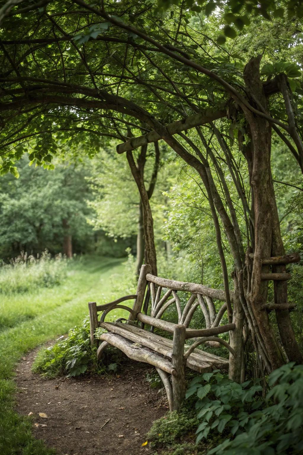 A garden seat built from natural branches and logs.