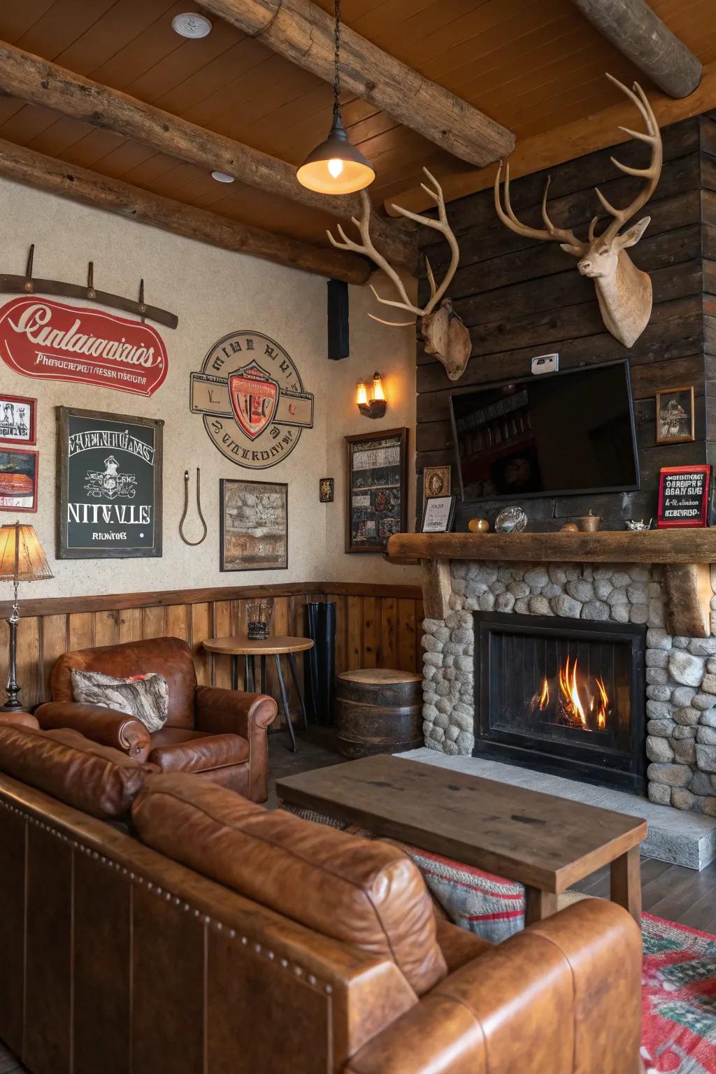 Countryside décor, encompassing antlers and bygone emblems, injects character into this masculine retreat.