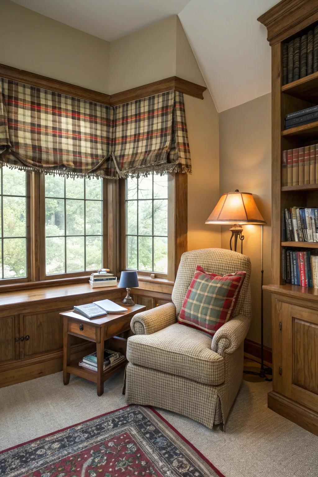 A snug reading alcove featuring a checkered valance that contributes a traditional unrefined impression.