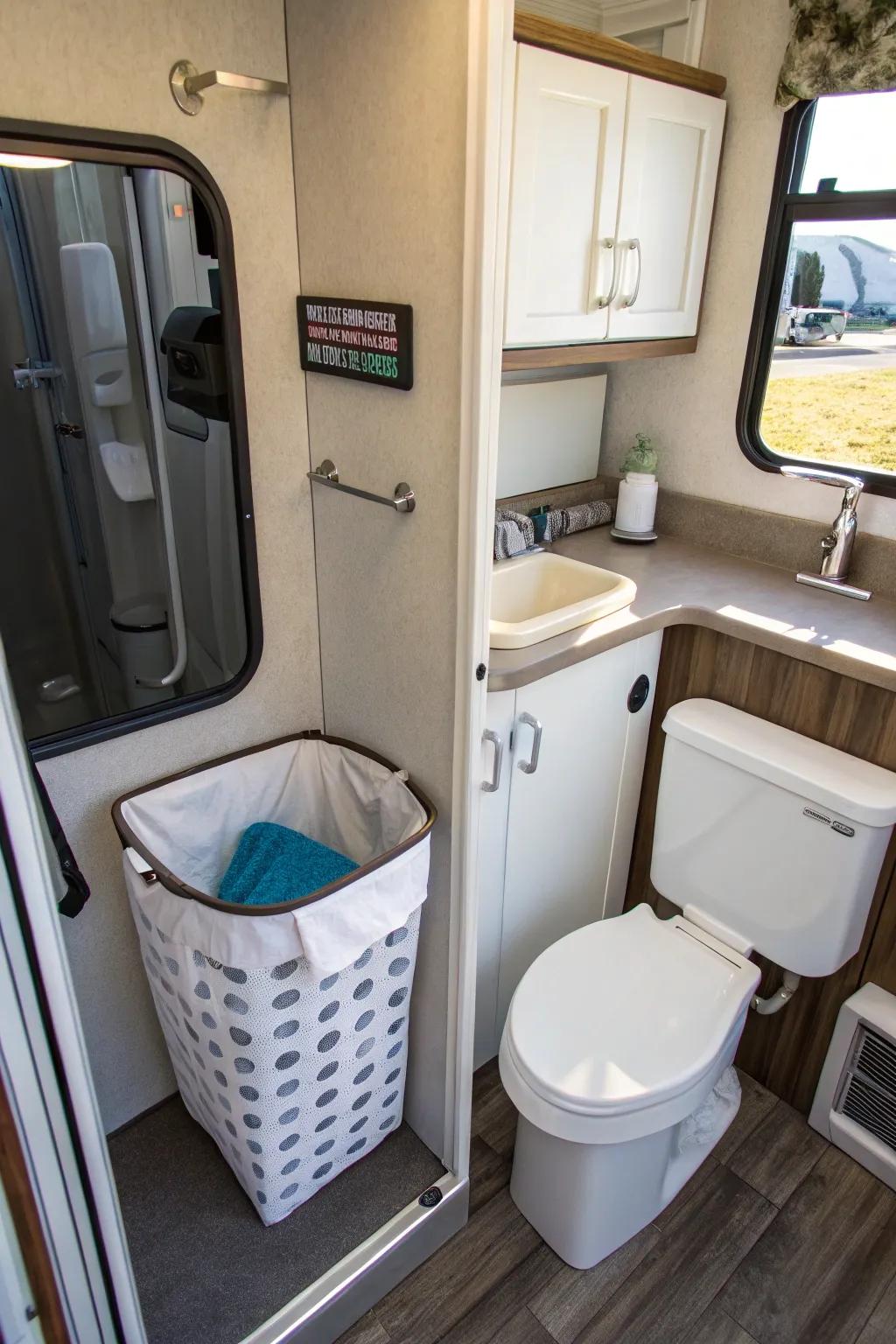 A wall-attached hamper saving space in an RV washroom.