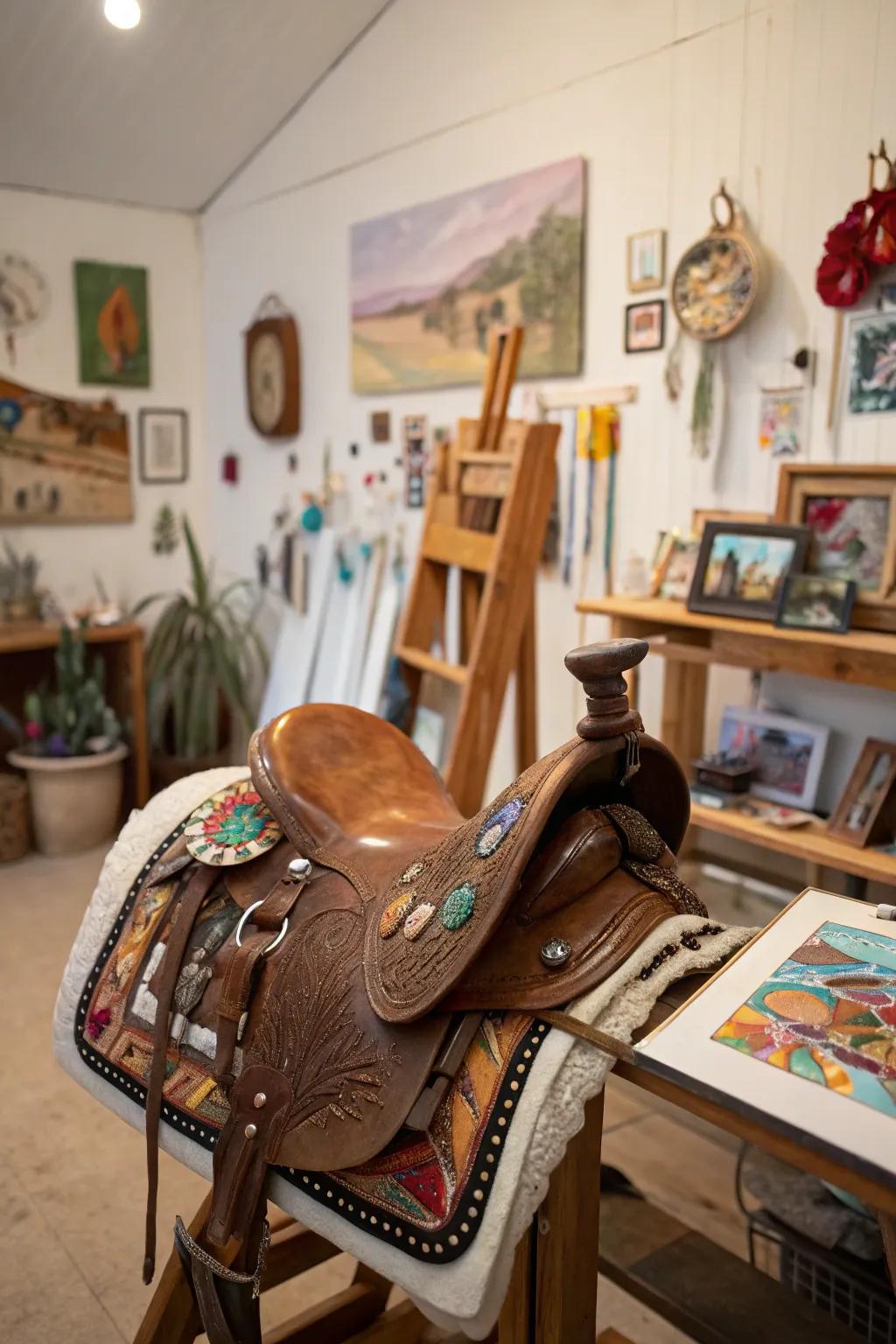 An equestrian accessory transformed into an artistic showpiece within this creative atelier space.