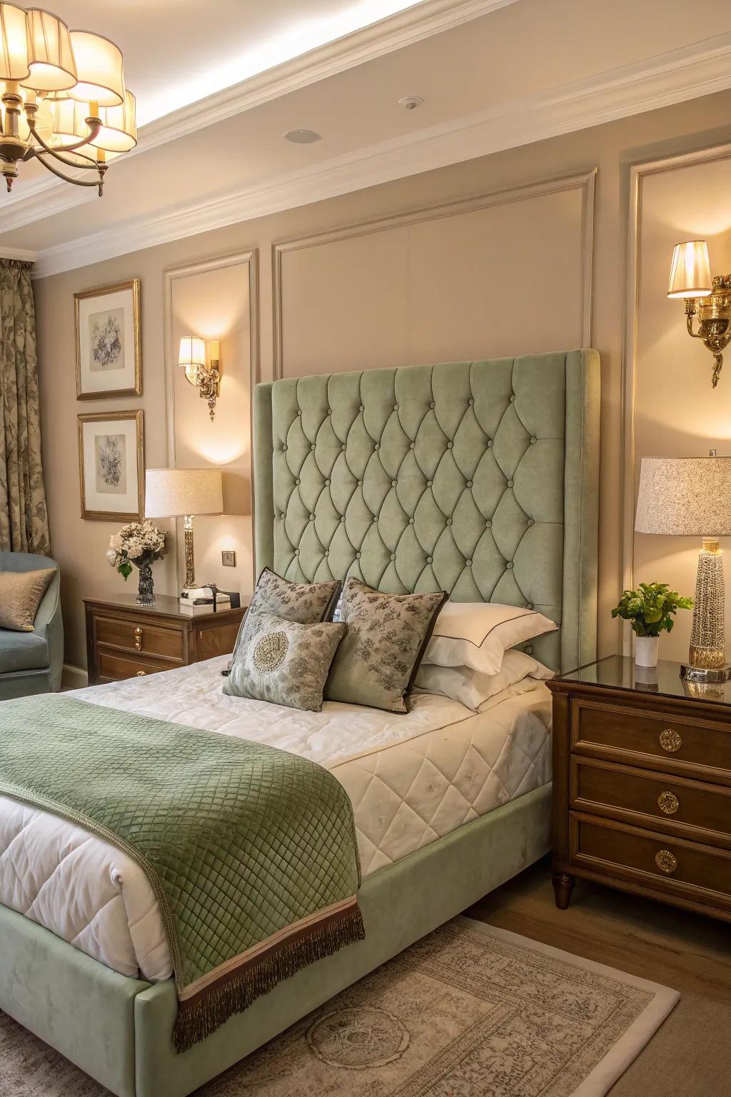 A sage green upholstered headboard brings elegance and serenity to your bedroom.