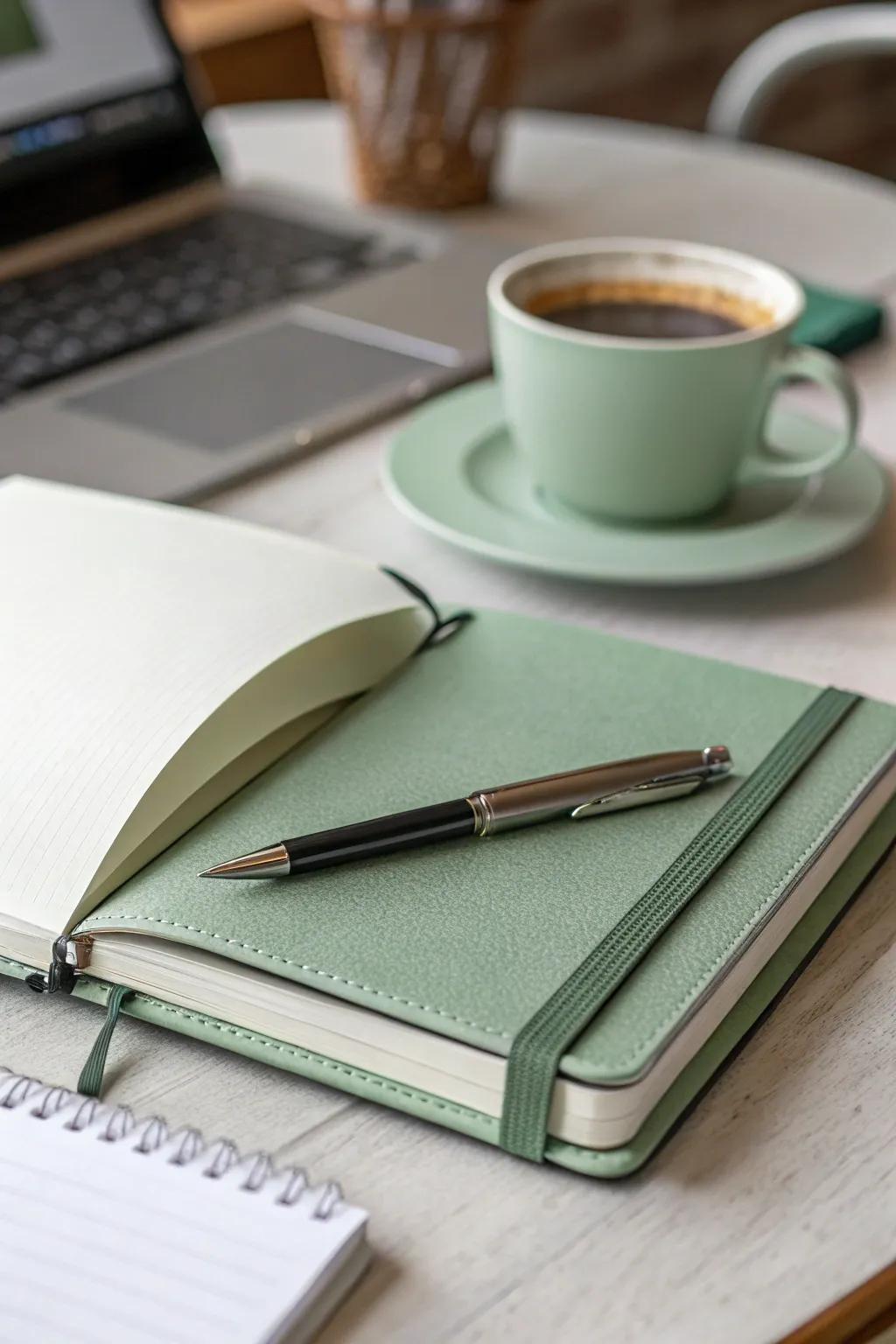 A sage green writing pad encourages creativity and thoughts.