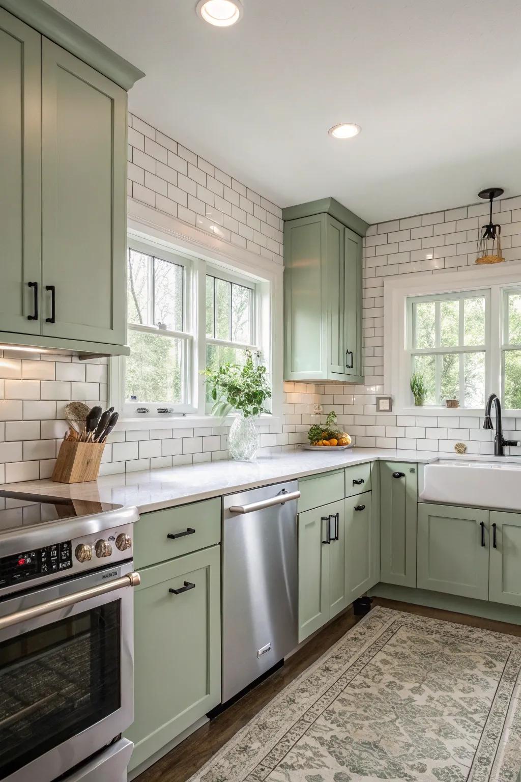 A white ceramic tile backsplash introduces delicate texture and contrast.