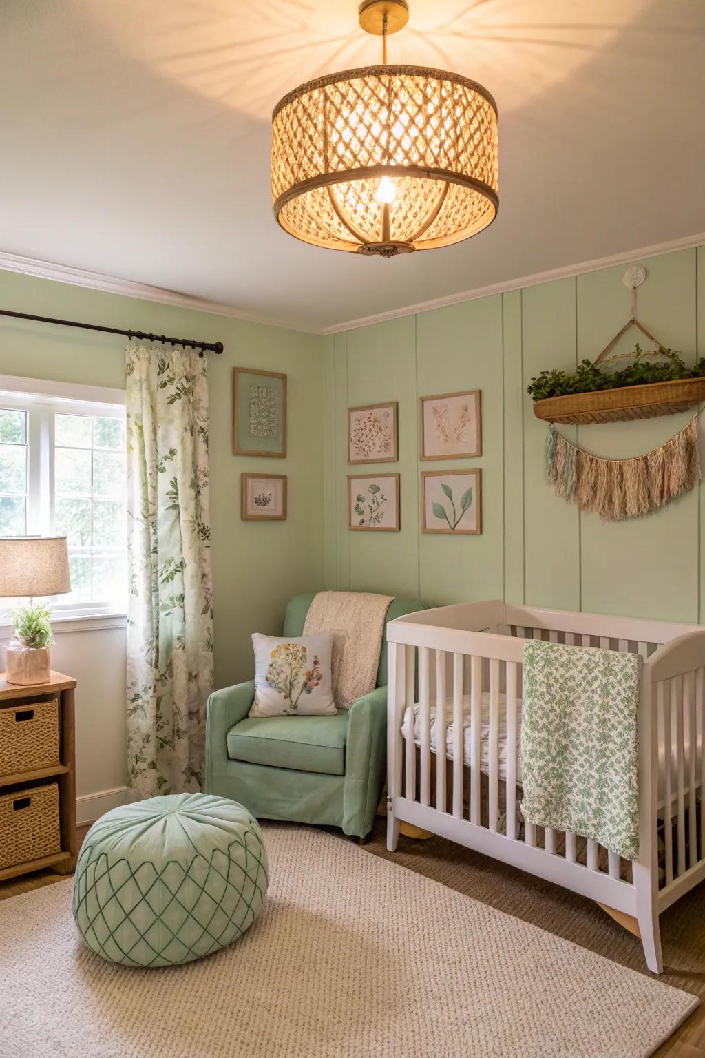 Elegant lighting enhances the style and function of a soft leaf green nursery.