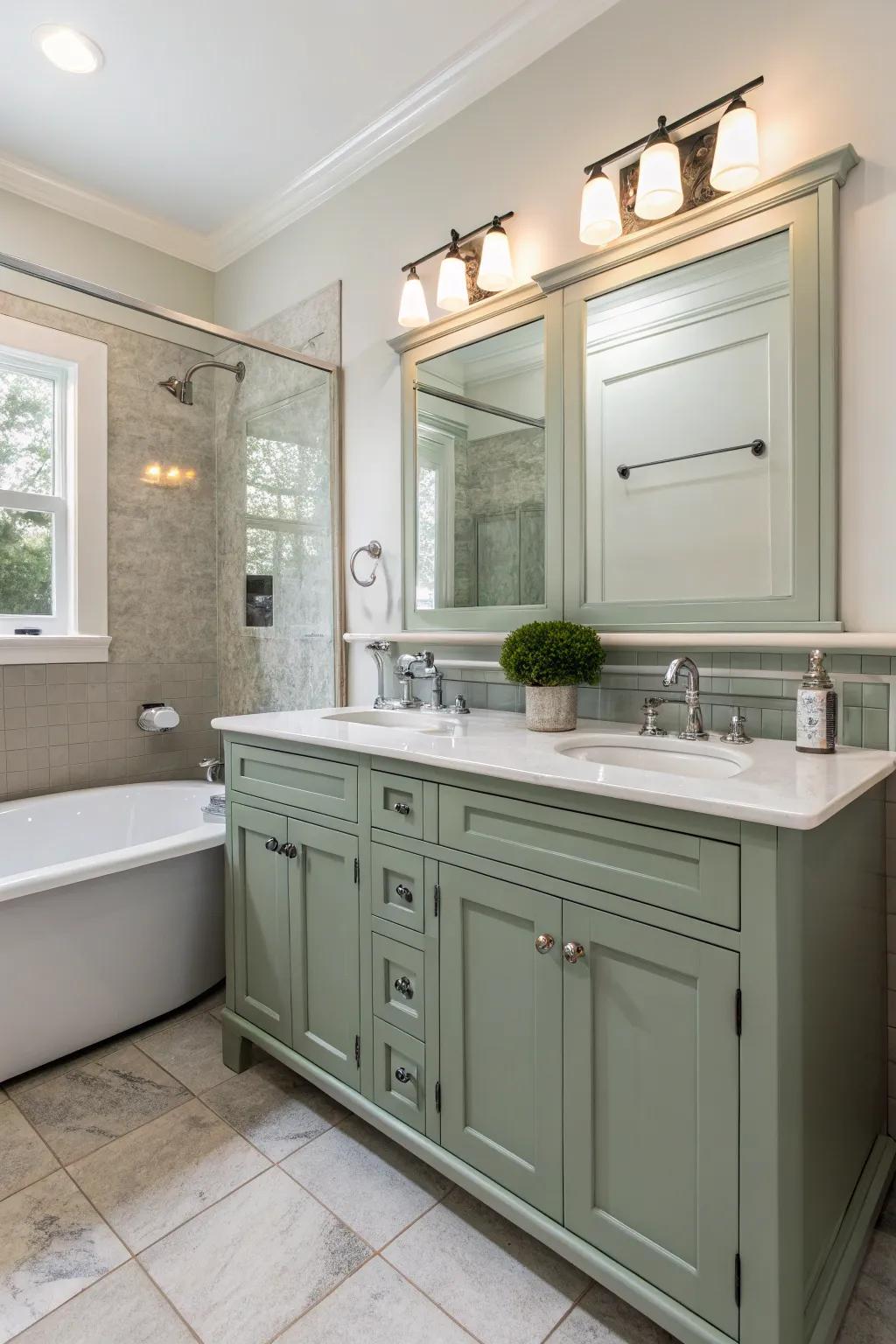 A bright bath showing a willow tint vanity complimented by white fixtures.