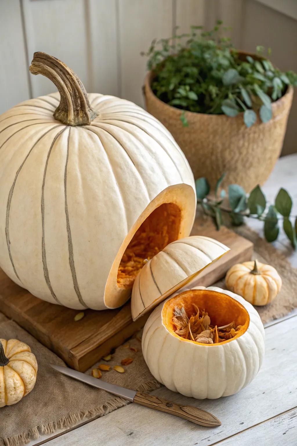 Discover the hidden allure: A pumpkin within a pumpkin, where craftsmanship meets natural beauty.