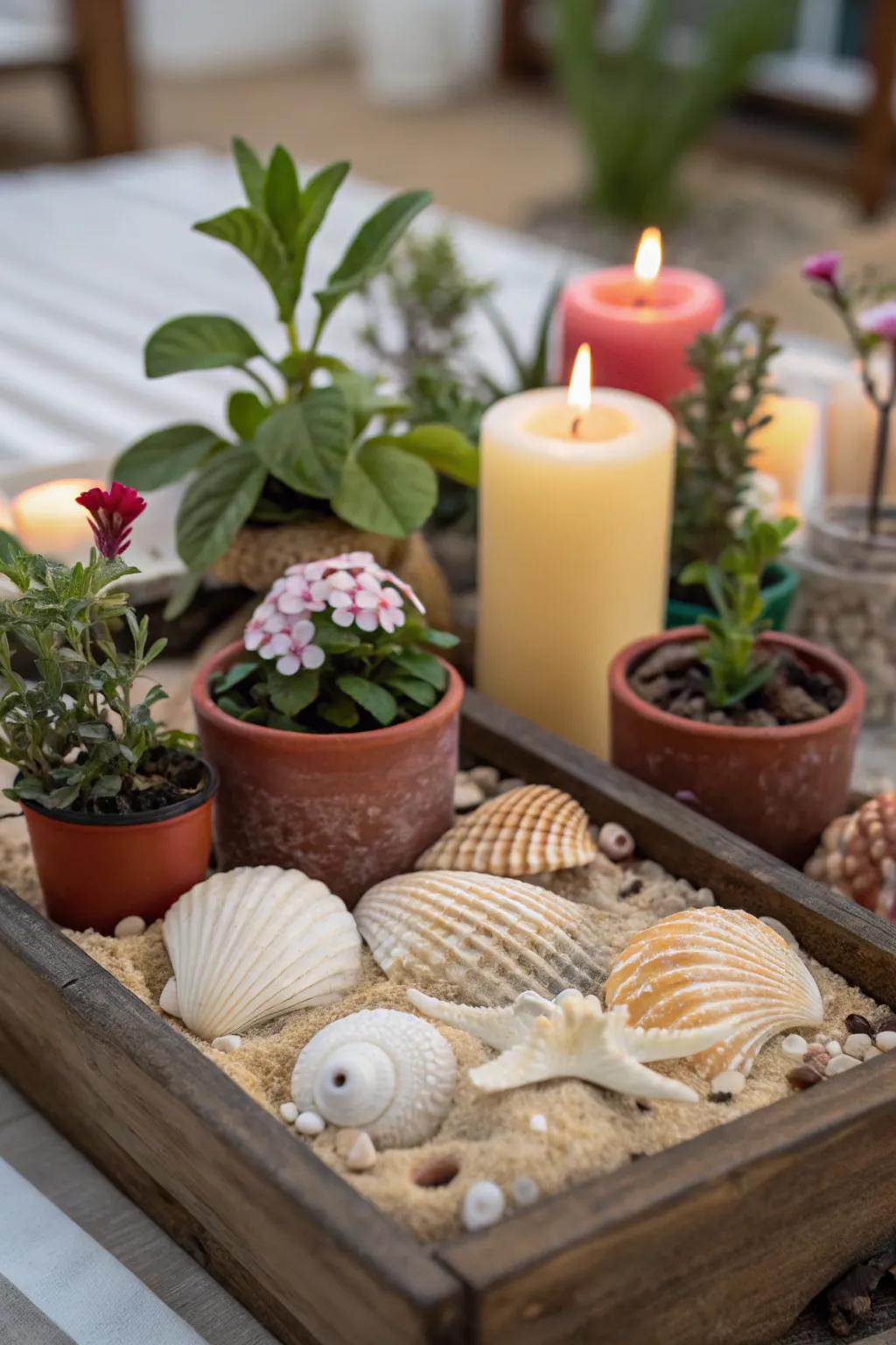 A fusion of seashells and further aesthetic items fashions a visually abundant showcase.