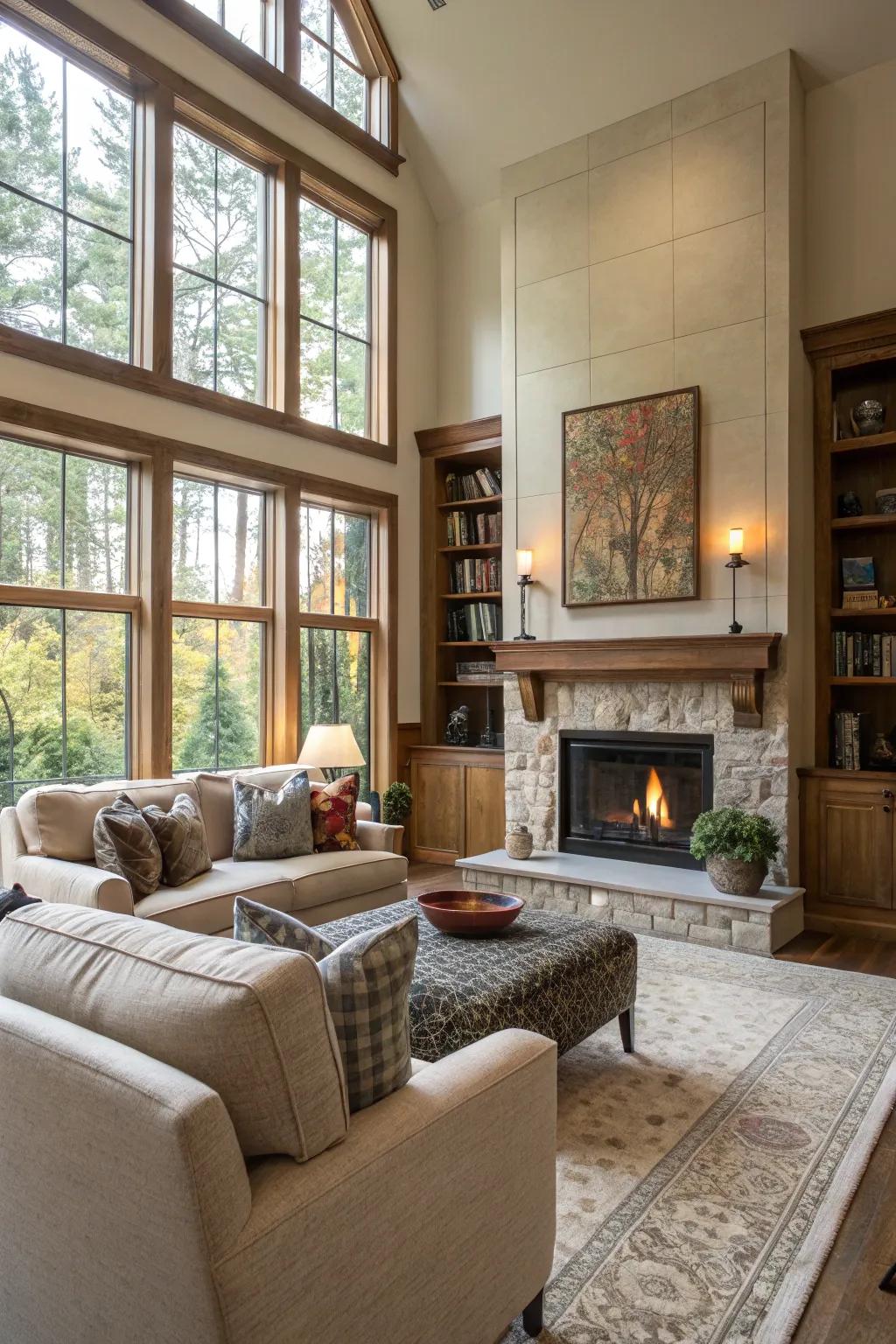 Sunlight heightens the warmth and ambiance of the fireplace zone.
