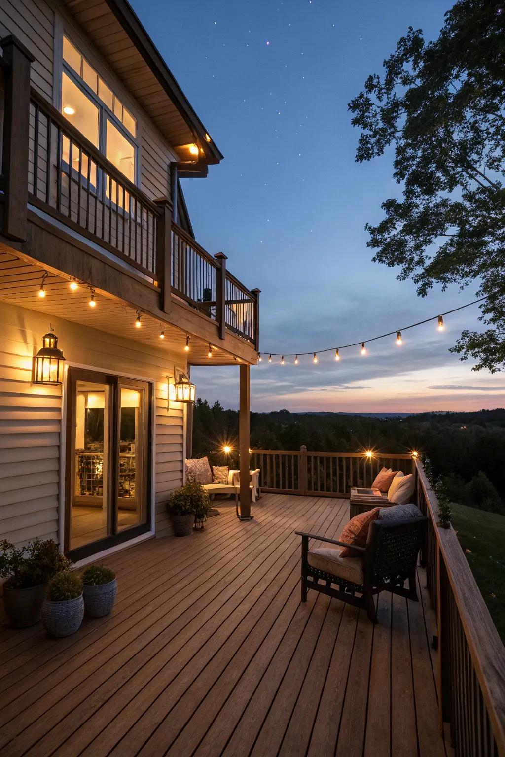A beautifully lit deck that emanates warmth and style as night falls.