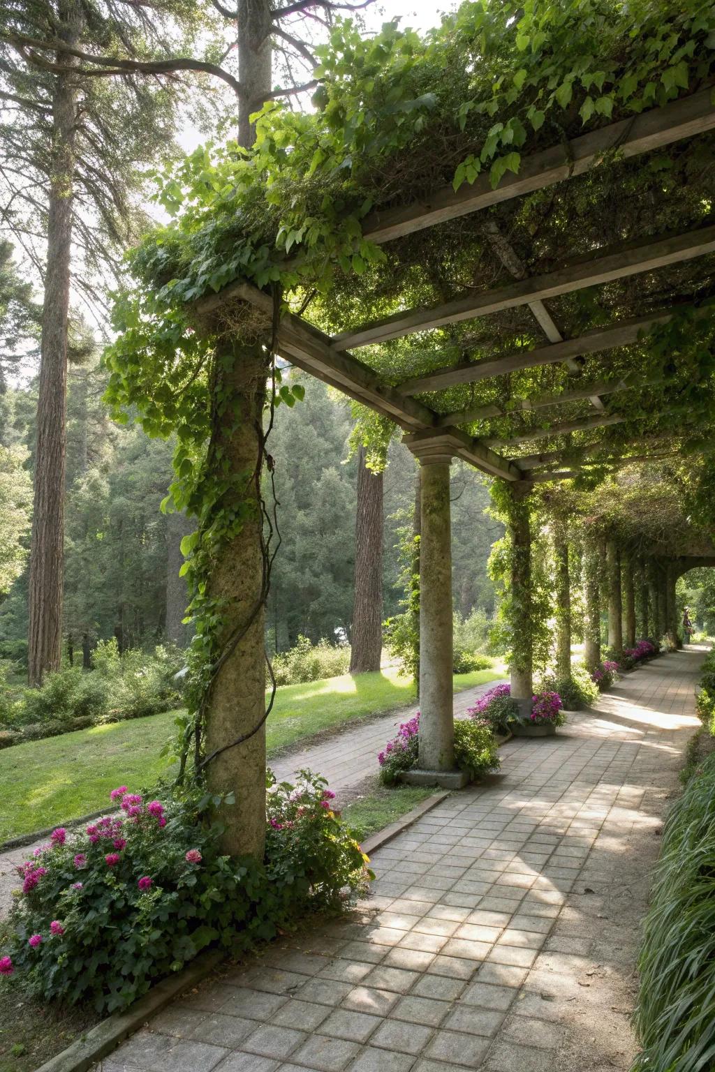 A pergola embellished with climbing flora in a shaded ambiance.